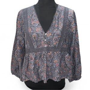 Lucky Brand Paisley V-Neck Blouse - Gray and Pink